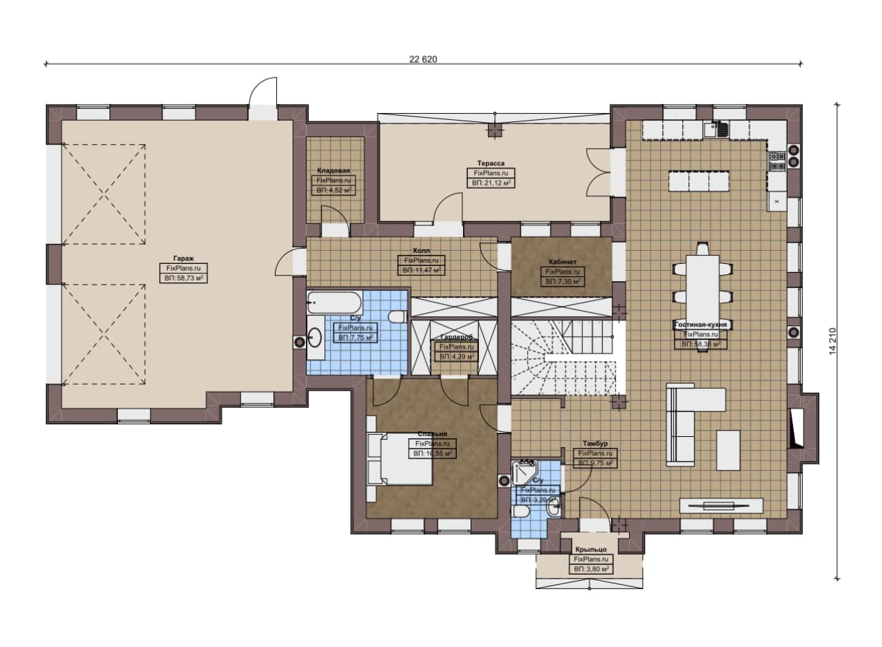 Планировка Одноэтажный дом с мансардой  F-17288